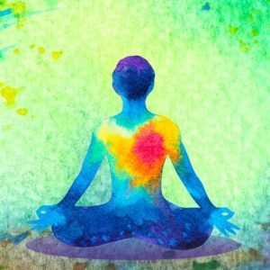chakra color human lotus pose yoga in green tree forest tunnel, abstract world, universe inside your mind mental, watercolor painting illustration design hand drawn